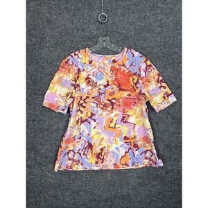 Denim & Co Womens Floral Printed Knit Top Size Large Short Sleeve Multi Color